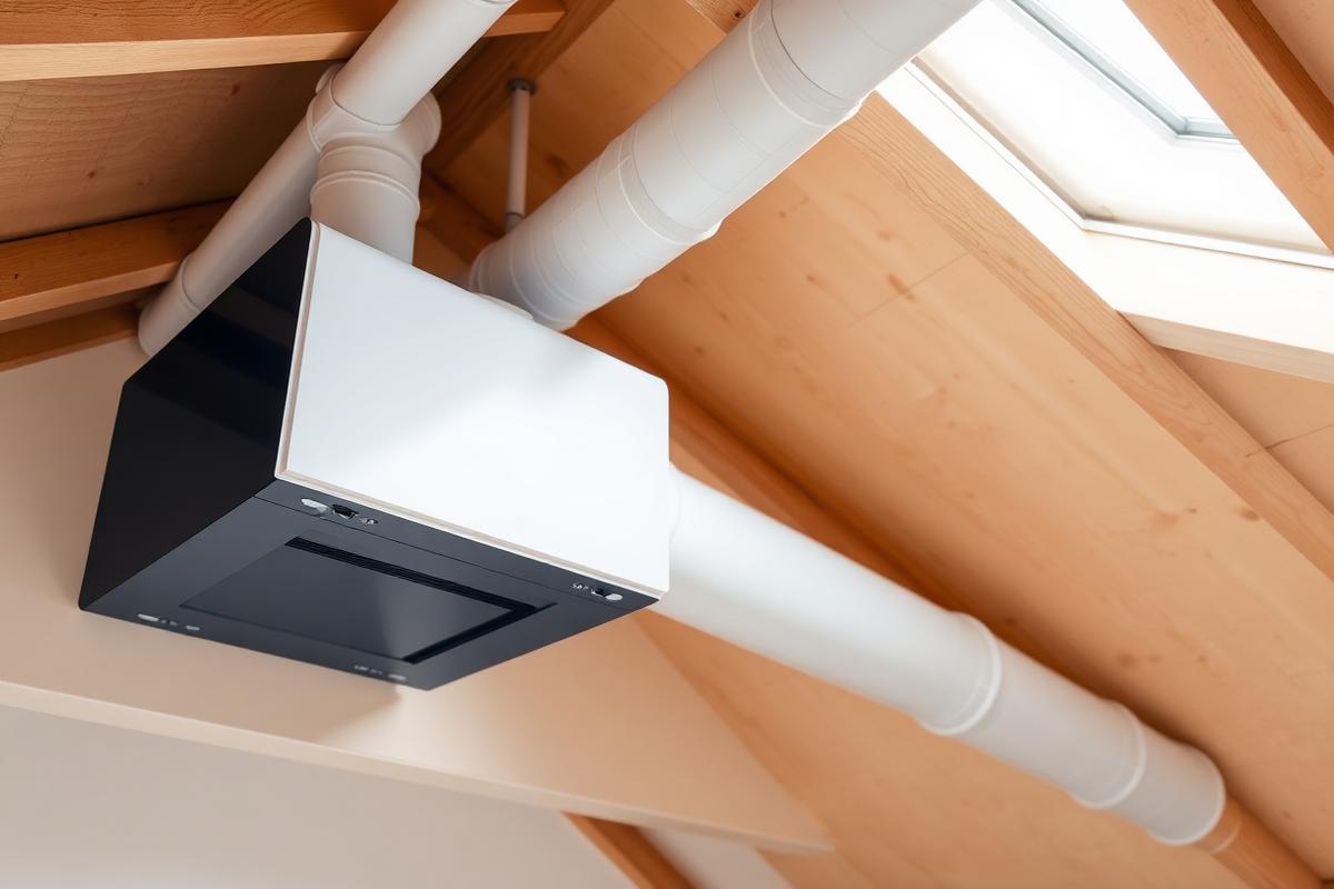 Modern positive input ventilation unit with ducting in a loft